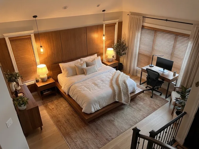Home office in a bedroom: compact walnut desk with monitor, task lamp and ergonomic chair added in the corner by the window of a real bedroom, bed kept