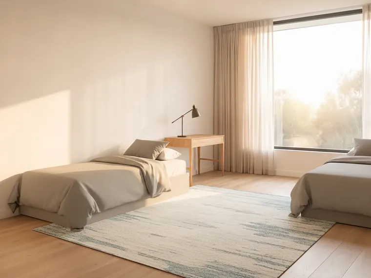 Shared dorm room layout: two twin beds on opposite walls, each with a small desk and lamp, matching grey bedding and a rug between
