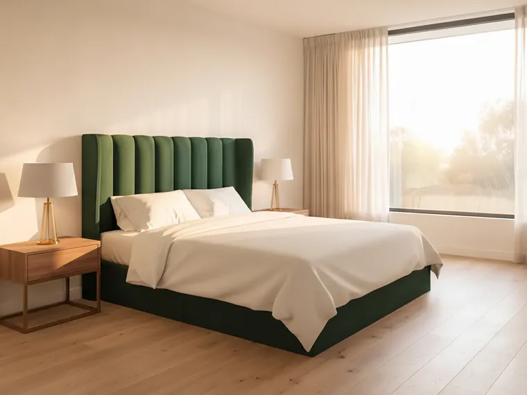 Green bedroom idea without painting: emerald green velvet channel headboard bed against white walls, walnut bedsides