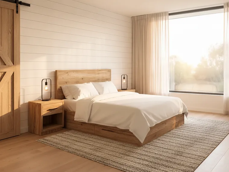 Barndominium bedroom idea that keeps the room: white shiplap wall behind a rustic wood bed, black cage lamps, woven rug and a sliding barn door