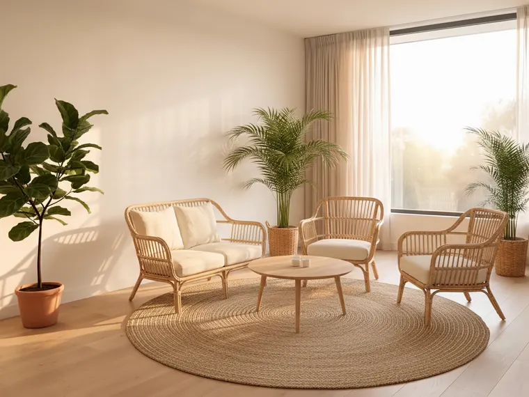 Sunroom idea for a spare room: rattan loveseat and armchairs, round oak table, jute rug and palms by a big window