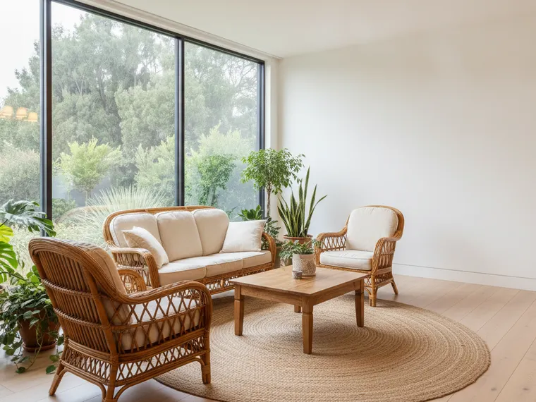 Sunroom idea: rattan sofa and armchairs, jute rug and potted plants against a bare floor-to-ceiling glass wall