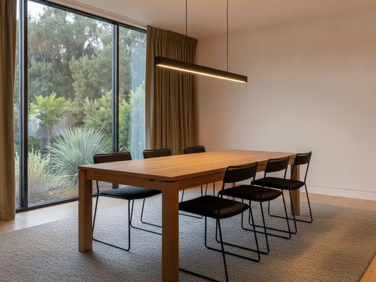 Modern dining room idea: long light oak table, black upholstered chairs and a black linear pendant in a room with olive curtains