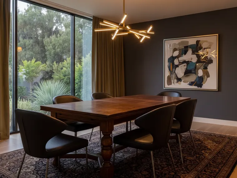 Dark modern dining room idea: charcoal walls, curved black leather chairs, brass sputnik pendant and large abstract artwork
