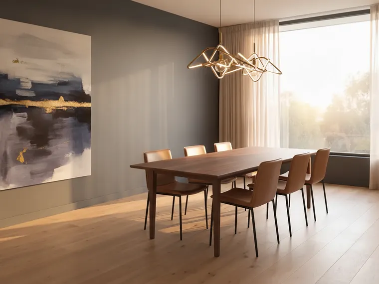 Moody modern dining room idea: deep charcoal walls, long walnut table, tan leather chairs, brass pendant and large artwork