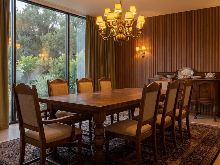 Fluted wood paneling idea: floor-to-ceiling fluted walnut panels on one dining room wall behind a sideboard
