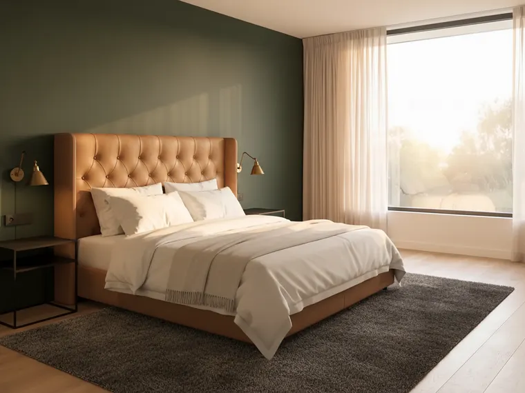 Dark green bedroom idea in a boutique hotel style: deep green walls, tall camel leather headboard, black bedsides and brass reading lights