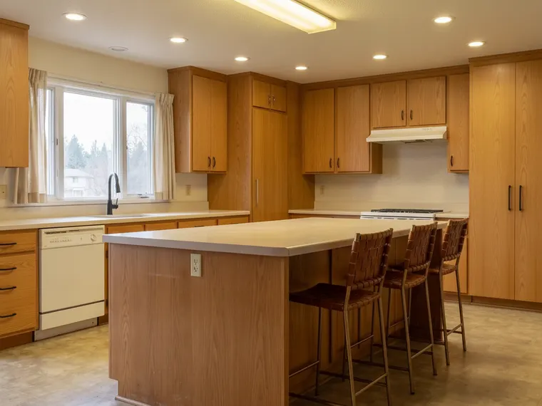 Modern kitchen idea: flat pale white oak slab cabinets with white quartz counters and slim matte black edge pulls in a former honey-oak kitchen