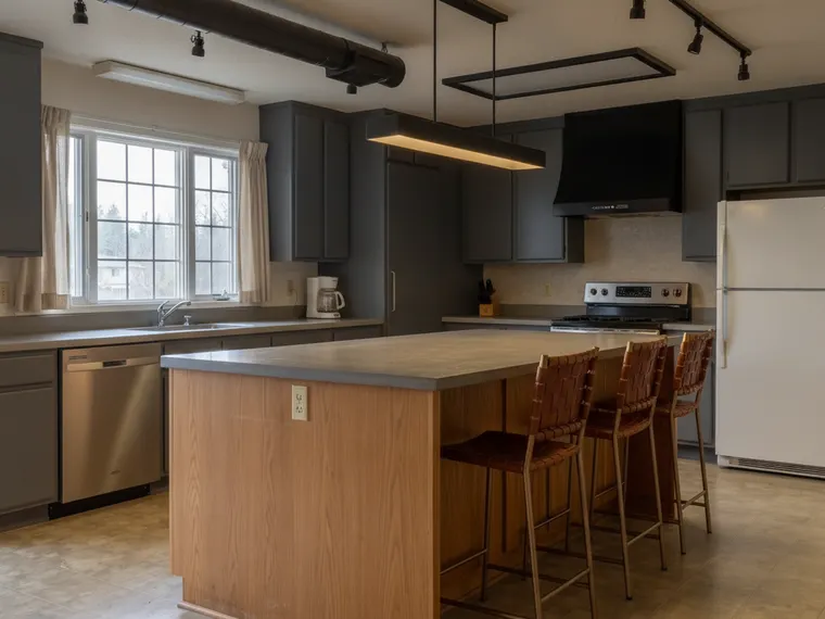 Modern industrial kitchen idea: dark grey slab cabinets, concrete countertops, black steel grid window, exposed black duct, linear pendant and track lights