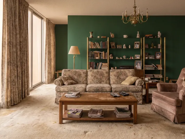Living room paint colour idea: 1980s living room walls painted forest green, brass shelves and floral sofa kept