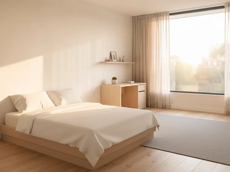 Minimalist dorm room design: simple bed with white bedding, light wood desk under the window, one shelf, one plant and a grey rug