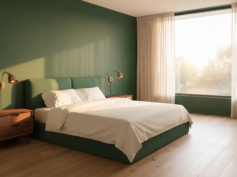 Dark green bedroom idea: bottle green walls, window wall and trim, linen bed with white bedding and brass sconces
