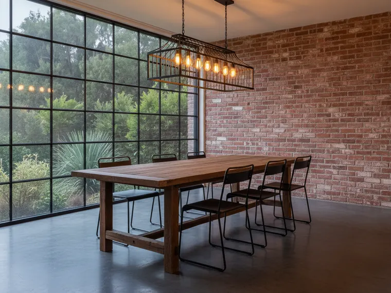 Industrial dining room idea: exposed brick wall, black steel-framed floor-to-ceiling glass wall, polished concrete floor, reclaimed wood table with black metal chairs and a cage chandelier
