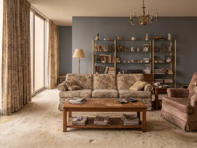 Dark living room paint colour: 1980s living room walls painted matte charcoal grey with floral sofa and brass shelves kept