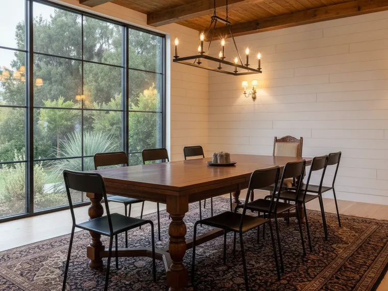 Barndominium dining room idea: black steel-framed glass wall, white shiplap, wood plank ceiling with beams, black metal chairs and iron chandelier