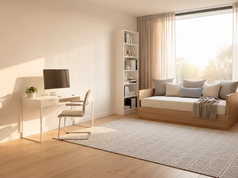 Small home office and guest room idea: daybed with cushions under the window, compact white desk with monitor on the wall, chair, bookshelf and rug