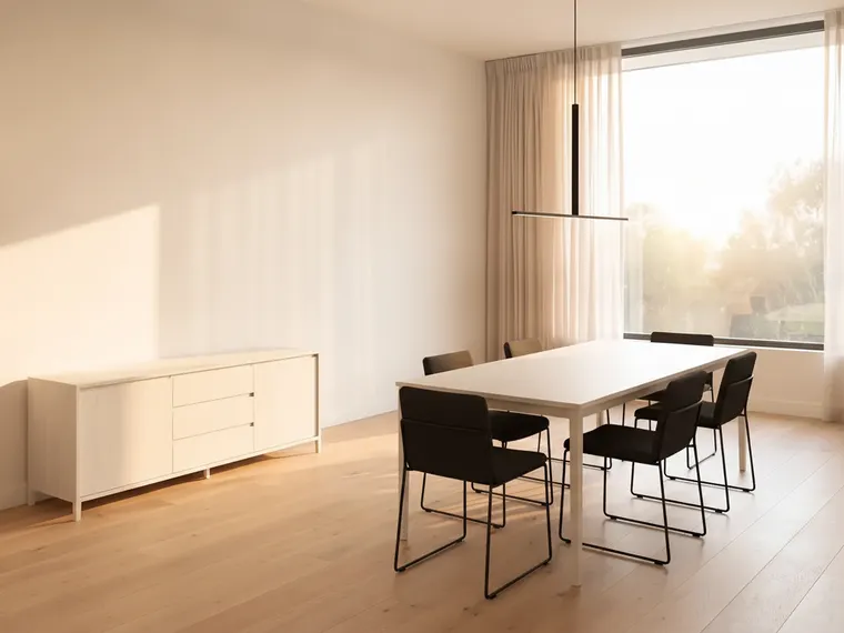 Minimalist modern dining room idea in an empty room: white oak table, six black chairs, a linear pendant and a low white sideboard