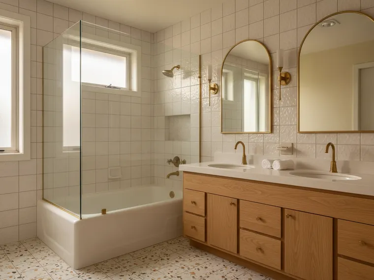 Warm modern master bathroom idea: white zellige wall tile, natural oak double vanity with a white top, two arched brass mirrors, brass fixtures, glass screen on the tub and a terrazzo floor
