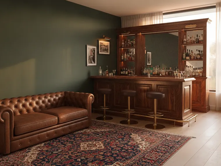 Speakeasy home bar idea: dark green walls, dark wood bar with brass foot rail and leather stools, mirrored back bar, brown leather chesterfield and a patterned rug