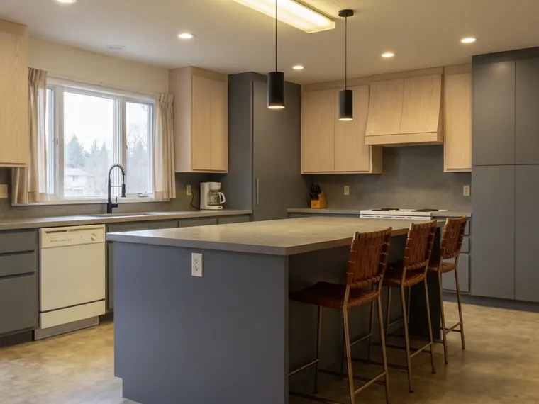 Modern kitchen idea: two-tone kitchen with matte graphite lower cabinets and pale white oak upper cabinets