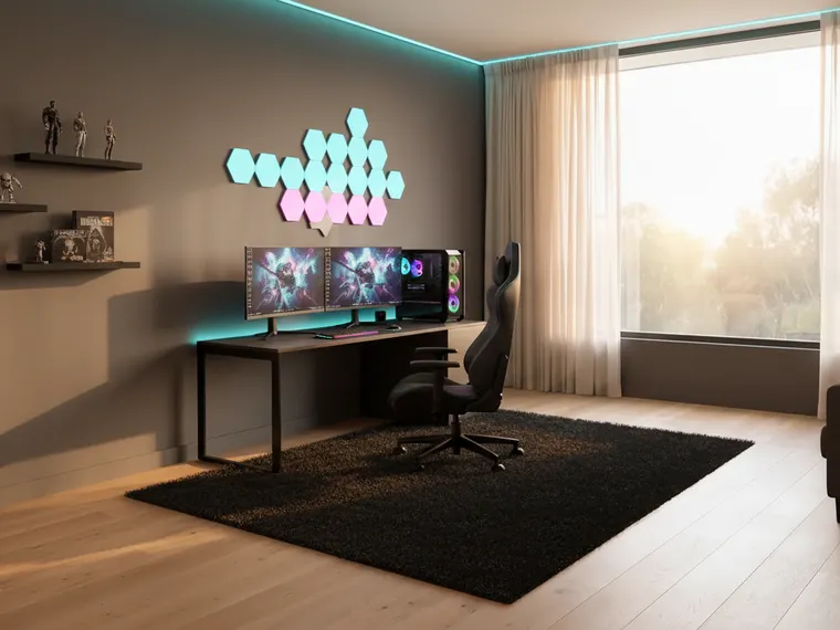 Gaming room idea: black desk with two monitors under a cluster of hexagonal LED wall panels in cyan and magenta, with a black rug and floating shelves