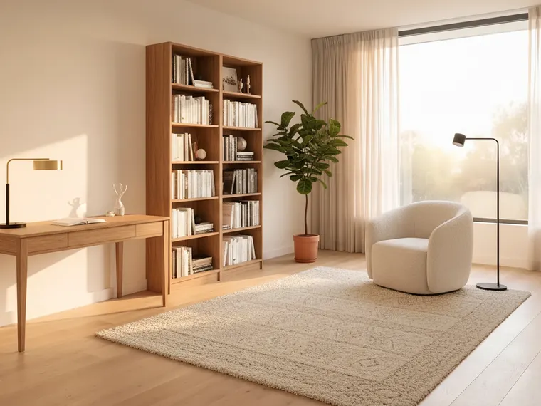 Warm home office idea: oak desk on the wall with a lamp, boucle armchair and floor lamp by the window, bookshelf, wool rug and a large plant
