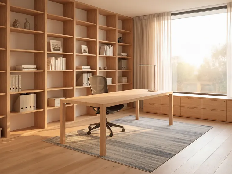 Home office idea: oak desk facing the window with floor-to-ceiling built-in shelving