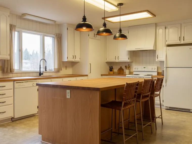 Barndominium kitchen idea that keeps the layout: oak cabinets painted white with black pulls, beadboard walls, butcher block counters and black pendants