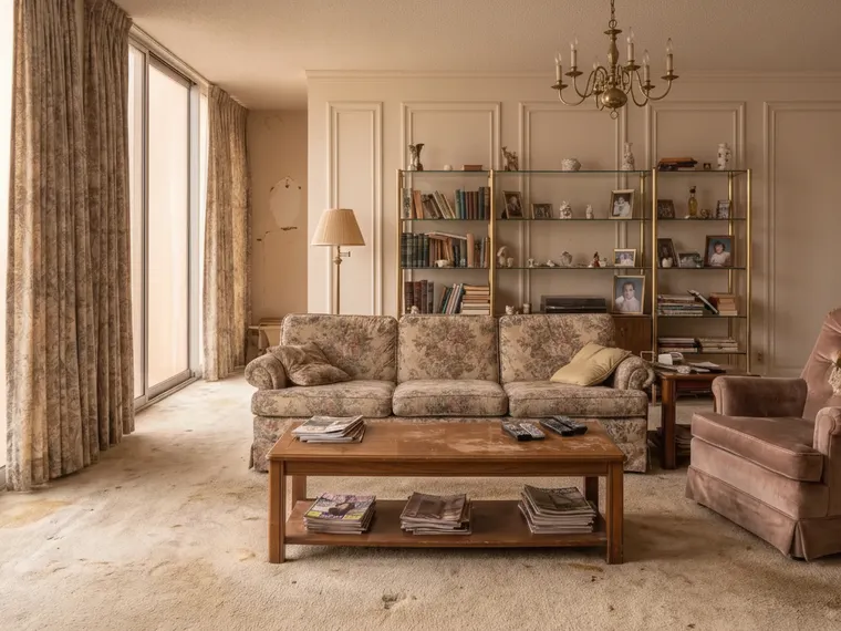Wall paneling before and after: white shaker-style wall panels added to a 1980s living room with the original floral sofa and carpet kept