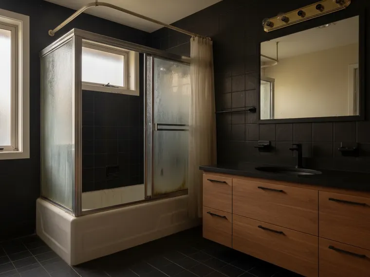 Modern black bathroom idea: large-format black slate tile, floating walnut vanity and black-framed glass shower screen