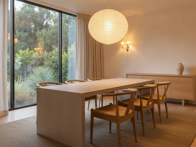 Japandi dining room idea: long low white oak slab table with wishbone chairs, a large paper lantern pendant and oatmeal linen curtains