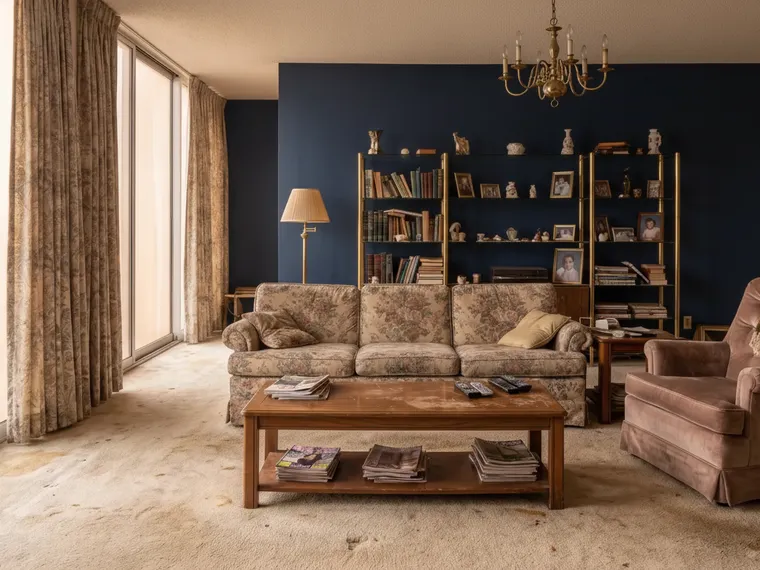 Popular living room colour: 1980s living room walls painted deep navy blue with the original floral sofa and brass shelves