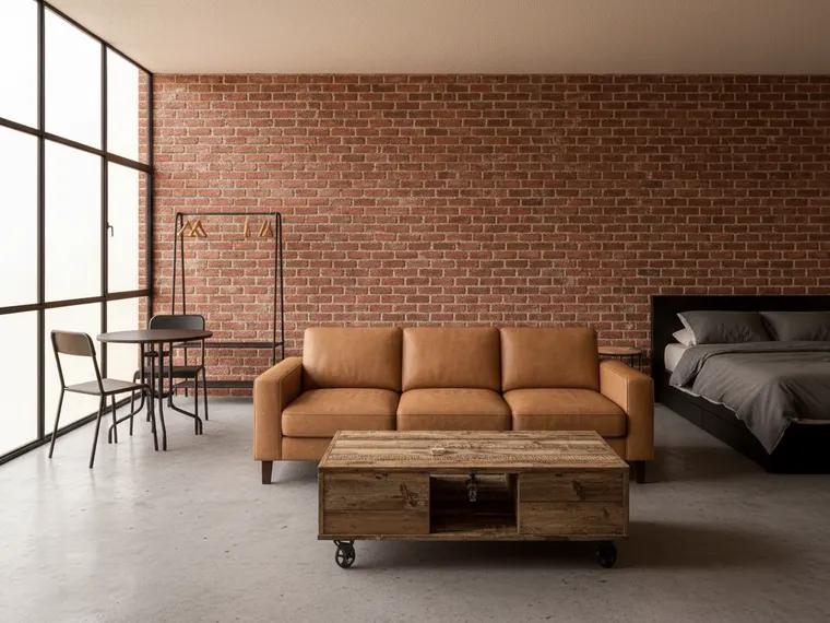 Studio apartment design idea: exposed brick wall, black steel window frames, polished concrete floor, a tan leather sofa, reclaimed wood coffee table, a double bed against the brick and a small dining table with metal chairs