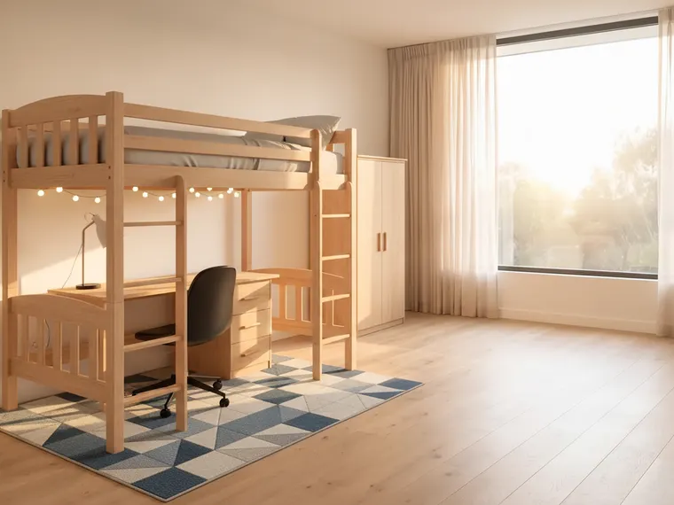 Dorm room design idea: raised wooden loft bed with a desk, chair and lamp underneath, wardrobe, rug and string lights
