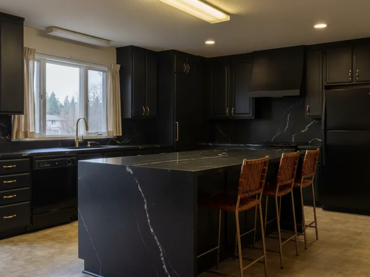 Modern kitchen idea: matte black flat-panel cabinets with a black quartz waterfall island and brushed brass hardware