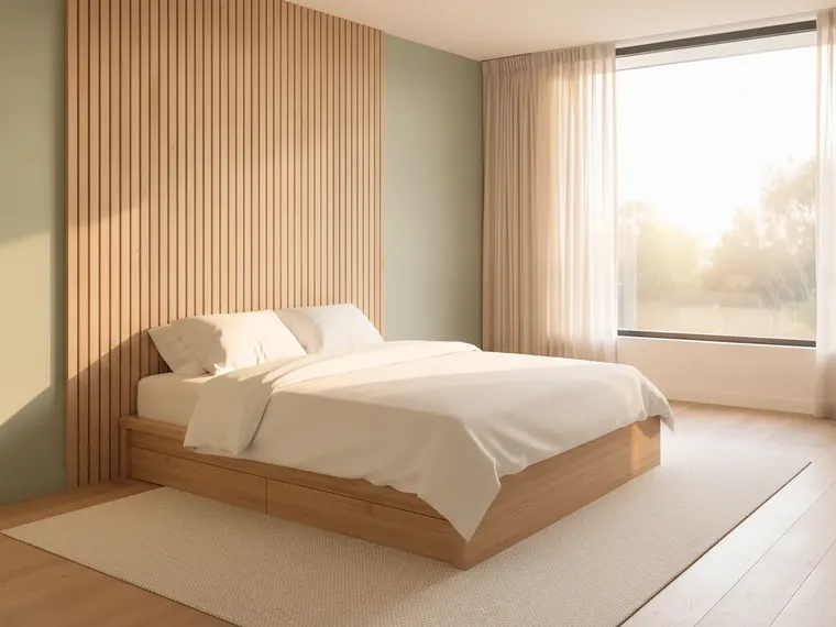 Sage green bedroom idea: vertical oak wood slat panel behind the bed, sage green walls, low oak bed