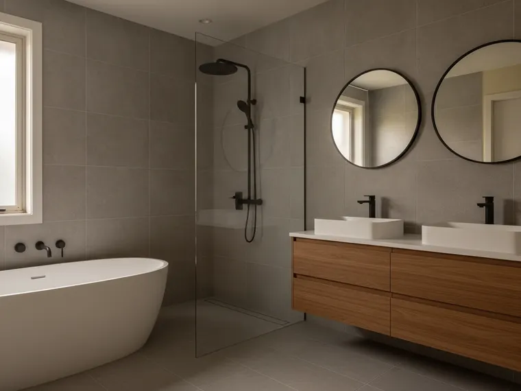 Master bathroom remodel idea: grey stone tile on every wall, freestanding white tub, open walk-in shower behind a single glass panel, floating oak double vanity with two round mirrors