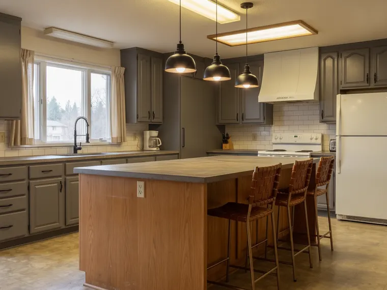 Industrial kitchen idea that keeps the layout: oak cabinets painted charcoal with black handles, concrete-look counters, white subway tile, black dome pendants and black faucet