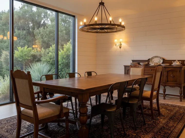 Barndominium dining idea that keeps the layout: white shiplap walls, black wagon-wheel chandelier, black metal chairs, curtains removed