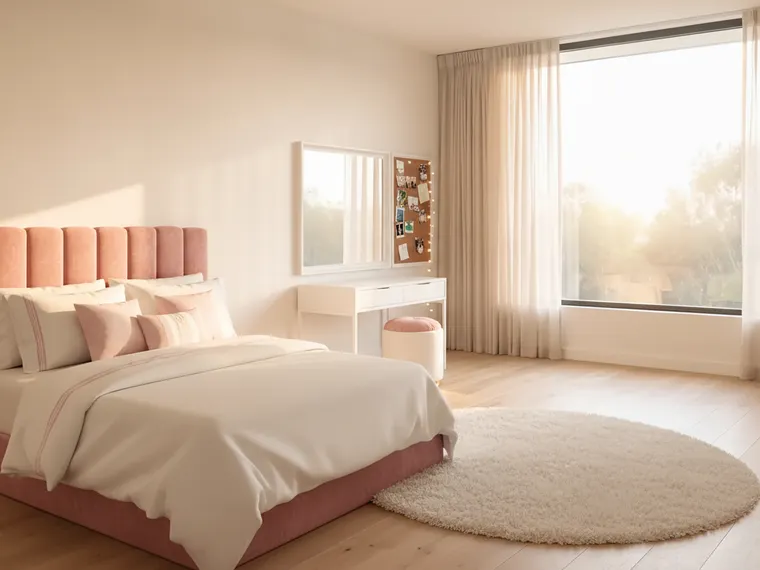 Designer dorm room idea: bed with pink upholstered headboard and white bedding, white desk with mirror, fluffy rug, pinboard and vanity stool