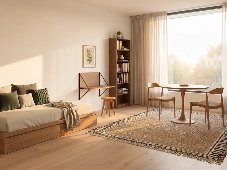 Smallest studio apartment layout: an oak daybed with cushions along the left wall that doubles as a sofa, a wall-mounted fold-down desk with a stool, a tall narrow bookshelf, a round table with two chairs by the window and a fringed rug