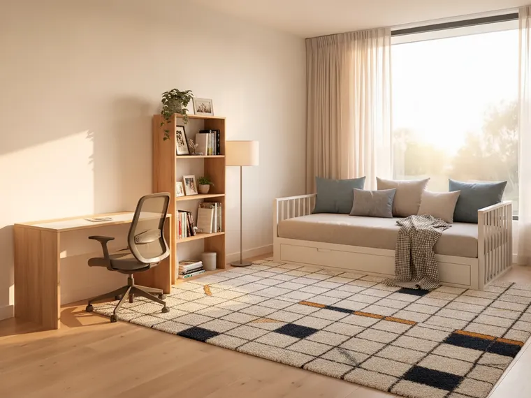 Dorm room layout idea: daybed with cushions under the window, desk and chair on the wall, bookshelf, rug and floor lamp