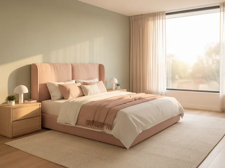 Sage green and pink bedroom idea: sage walls, blush pink upholstered bed and blush bedding, light oak bedsides