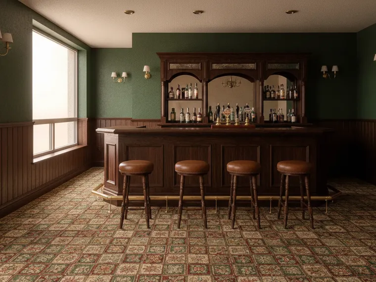 Pub-style home bar idea: dark wood bar with brass foot rail and leather stools, mirrored back bar, dark green walls with wood paneling and patterned carpet