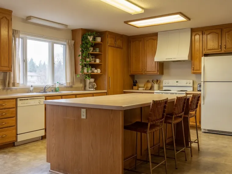 Kitchen corner cabinet idea: upper corner cabinet replaced with open oak shelves holding plants and white ceramics