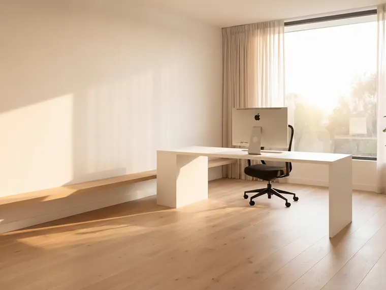 Minimalist home office design: long white oak desk facing the window, black ergonomic chair, one monitor, low shelf and a plant in a bright room