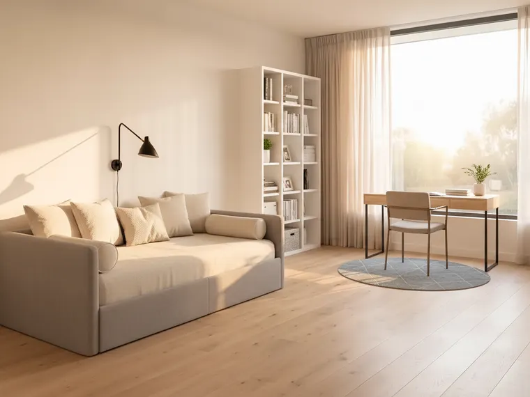 Home office idea: daybed plus a narrow desk under the window in a guest room