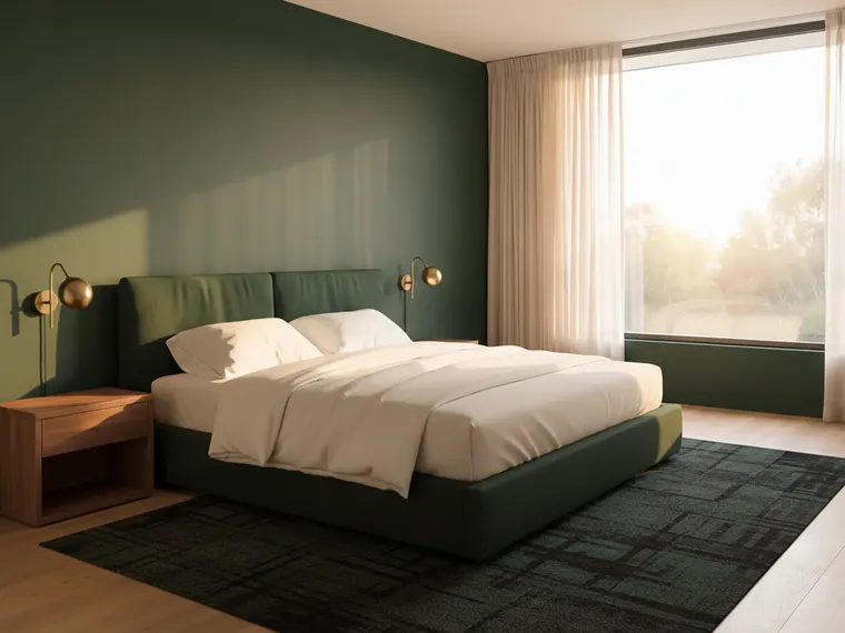 Dark green bedroom idea: forest green walls and trim, green upholstered bed, walnut bedsides and brass reading lights