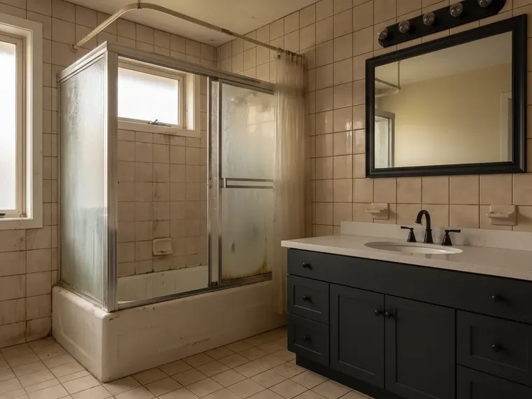 Black bathroom idea on a budget: matte black vanity, black faucet and black mirror on the existing beige tile