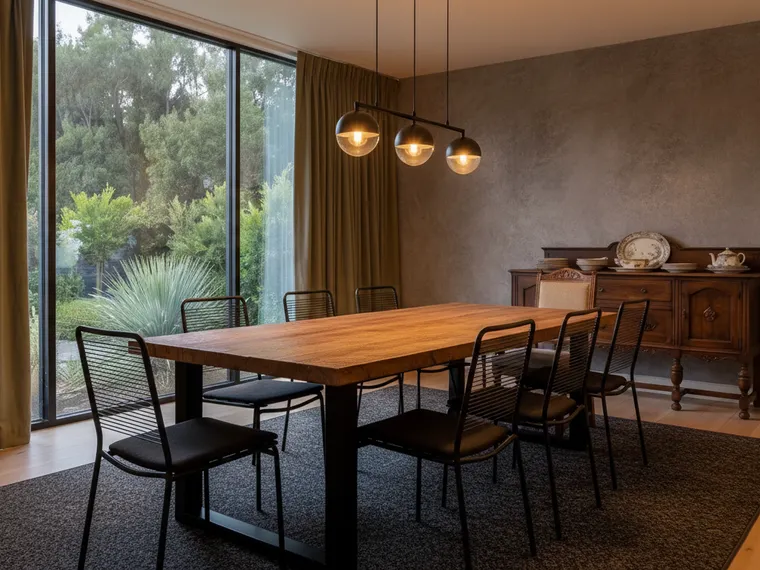 Industrial modern dining room idea: concrete-look feature wall, reclaimed wood table on black steel legs, black wire chairs and three globe pendants